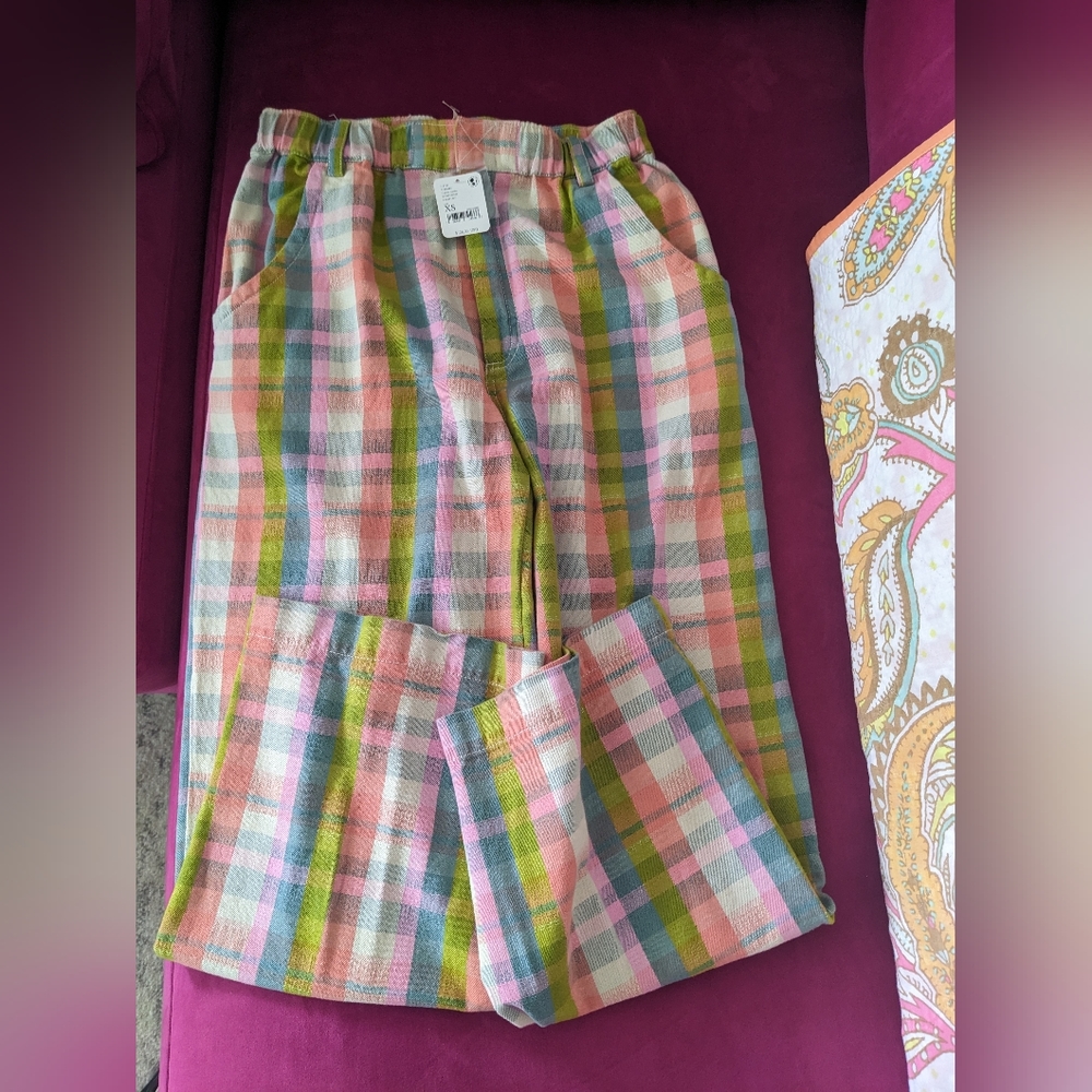 Free People Love Buzz Pink Combo Plaid Pants